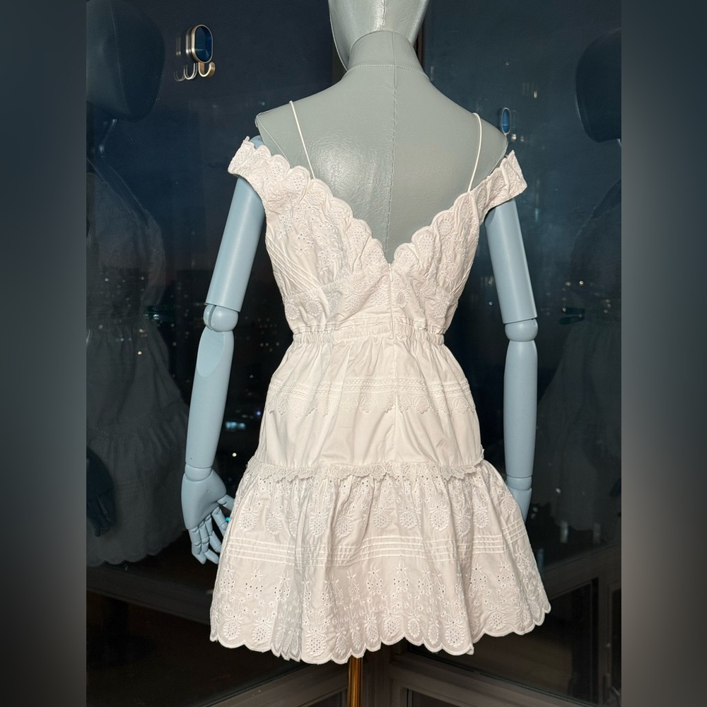 🆕 SELF-PORTRAIT 🧿 NWOT White Scallop Edge Off-Shoulder Mini Dress Sz UK12 US 8 - Picture 7 of 14